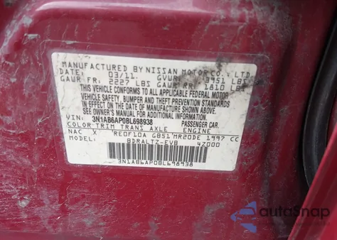 2011 Nissan Sentra 2.0S из США, поврежденный, VIN 3N1AB6AP0BL698938